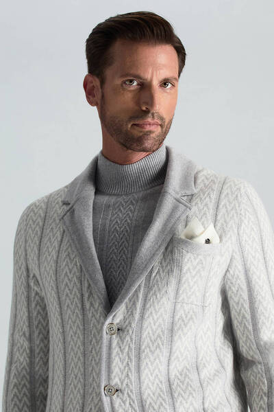 Hemington Kaşmir-İpek-Yün Karışım M Desenli Açık Gri Triko Blazer Ceket