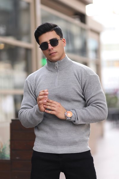 Quafash Half Zipper Mock Neck Corded Fabric Casual Sweater-Men's Gray Knitwear Sweater