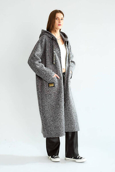 QİMYA BUTİK Robi̇n Women's K Hooded Bag Pocket Unlined Lightweight Boucle Cashmere O Oversized Long Coat