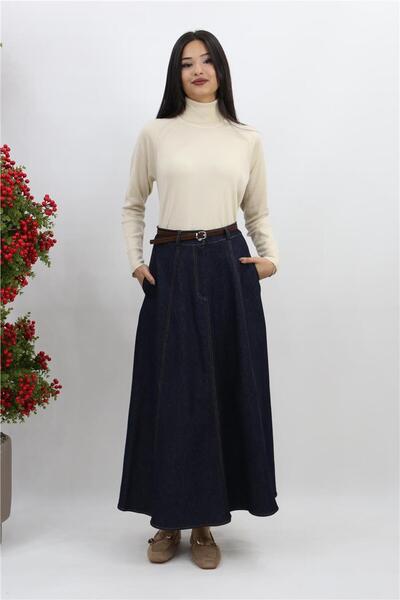 Genel Markalar Kemerli Denim Etek - Lacivert