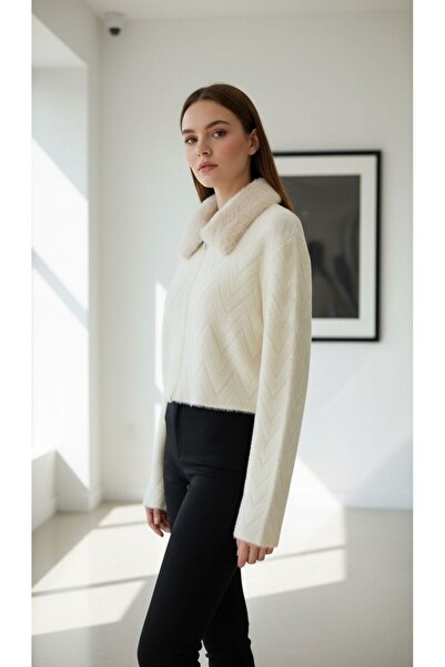 AYMİSS MODA YAKASI KÜRKLÜ,CROP,FERMUARLI HIRKA/CEKET