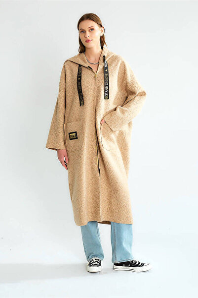 QİMYA BUTİK Robi̇n Women's K Hooded Bag Pocket Unlined Lightweight Boucle Cashmere O Oversized Long Coat