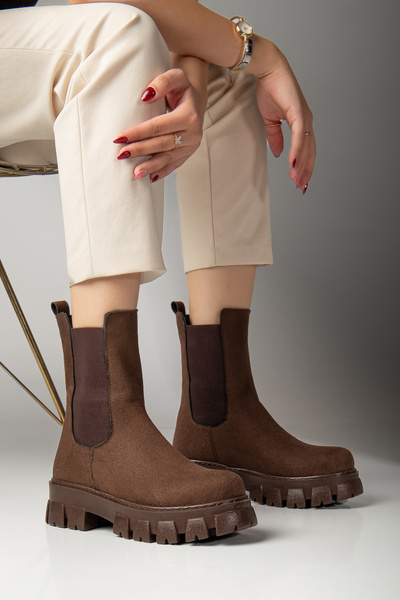 guijarro Premium Chelsea Kahverengi Süet Bot Kadın | Kalın Tırtıklı Taban | Lastikli | Günlük Comfort Boot