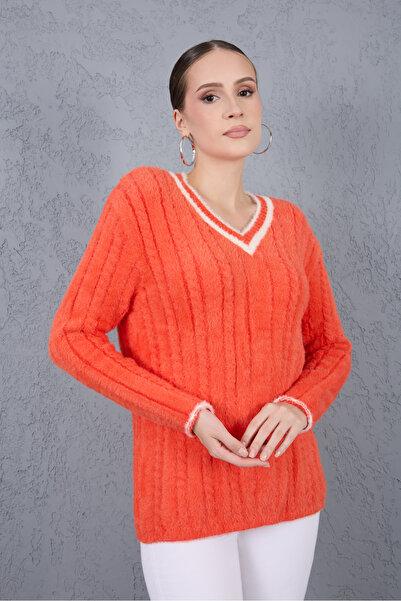 Clothes Fast Women's Orange Beard Yarn Contrast B Piped V-Neck Knitwear Sweater