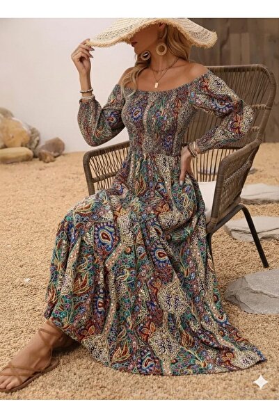 Genel Markalar Kadın Düşük Omuzlu Beli Büzgülü Dijital Desenli Kesik Elyaf Sü...