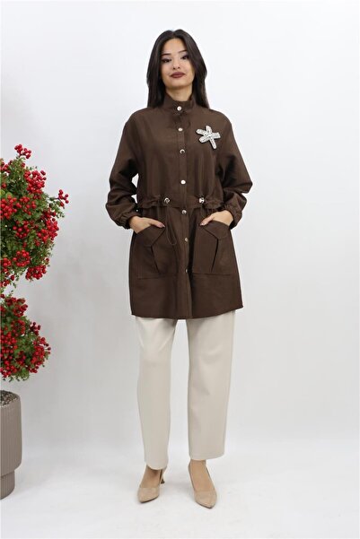 Puane Taş Detaylı Beli Büzgülü Tunik - Kahve