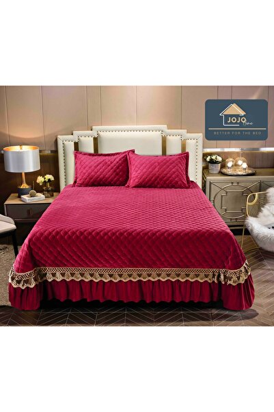 JOJO HOME Velvet bedspread with ruffles + 2 pillowcases, 220x240cm, Bordeaux