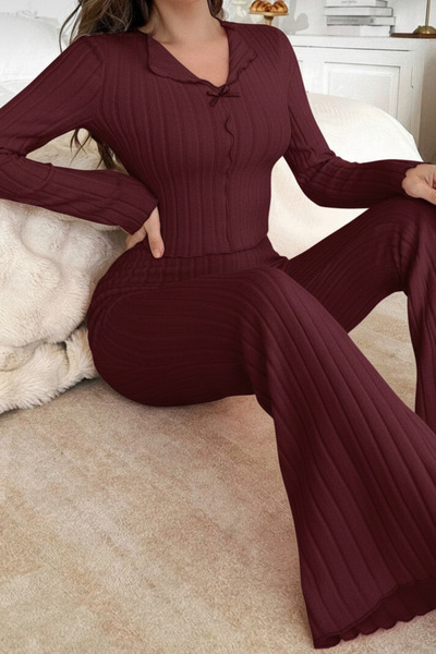 ELİTOL Bordo Yumuşak Pamuklu Fiyonk Detaylı Uzun Kollu Kadın Pijama Takımı