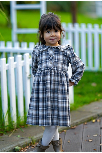 JBK Navy Blue Gray Plaid Children's Dress and Buckle