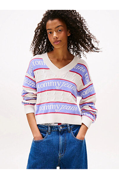 Tommy Hilfiger TJW Çizgili Logolu Kadın Beyaz Kazak DW0DW21682YBH