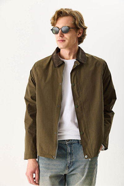 VENA Men's Velvet Collar Regular Fit Gabardine Jacket - Khaki