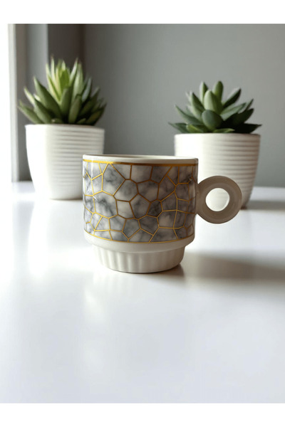 Malooki Set of 4 porcelain cups with metal stand, marble pattern, Luxury Collection