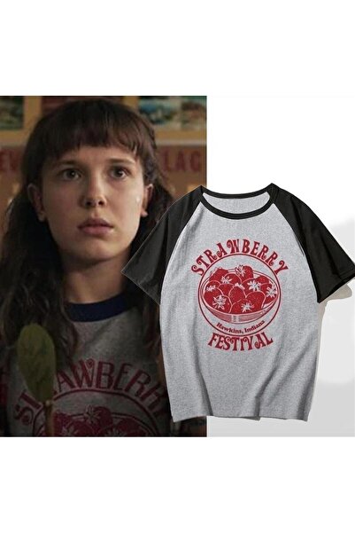 Toum Enya Jewelry Stranger Things Gray Unisex Raglan Sleeve Strawberry Festival T-Shirt