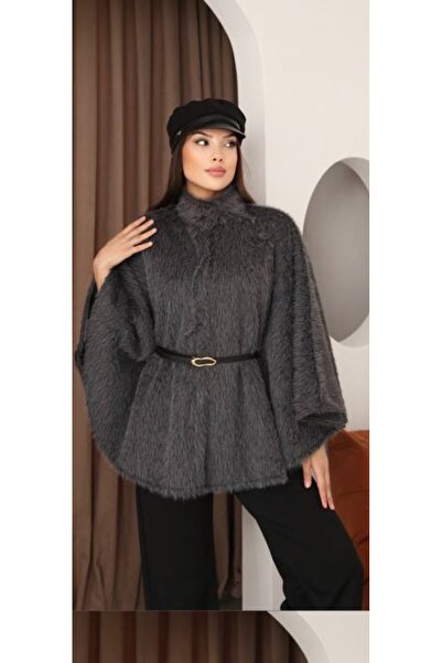 DESTİNA Women's Front Snap Closure Poncho Cardigan with Belt Detail