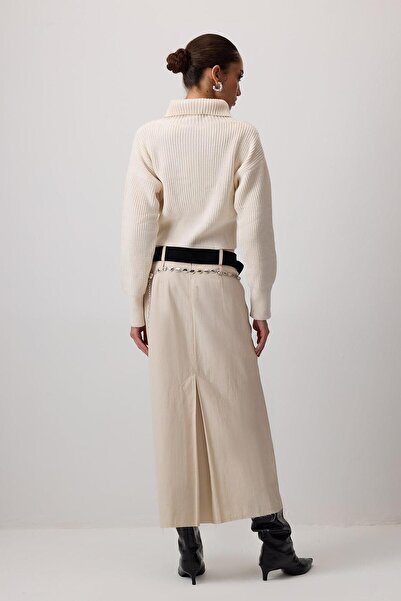 Touche Fermuarlı Genış Yaka Trıko Hırka - Krem