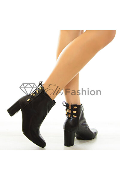 Elis Fashion Botine de dama negre cu snur elastic la spate si toc gros de 8 c...