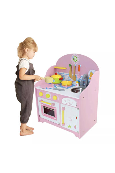 Krista Bucătărie de jucărie din lemn cu frigider, cuptor și accesorii roz MSN17061