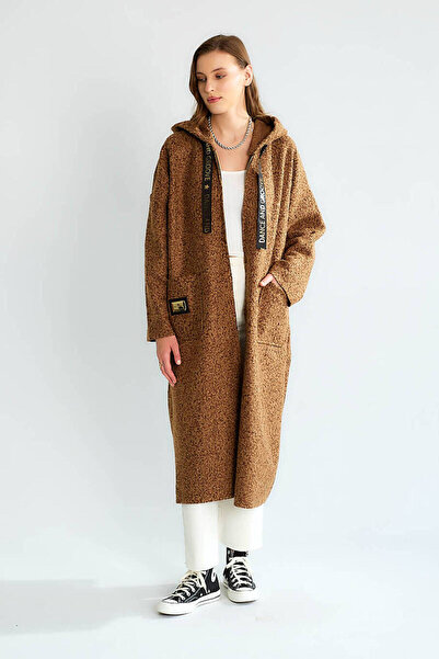 QİMYA BUTİK Robi̇n Women's K Hooded Bag Pocket Unlined Lightweight Boucle Cashmere O Oversized Long Coat