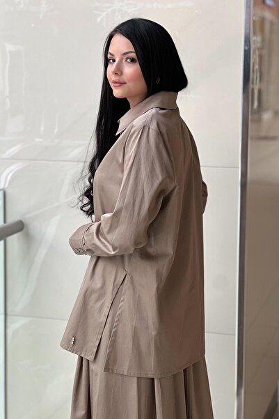 MISS DALIDA Missdalida Hidden Placket Poplin Shirt with Belted Waist Relaxed Fit Skirt Set