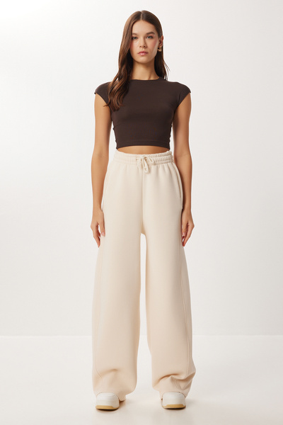 Lovelyİstanbul Ribbed Fleece-Lined Knitted Sweatpants Lub0289 Cream