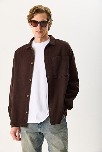 VENA Men's Regular Fit Gabardine Shirt 100% Cotton - Brown