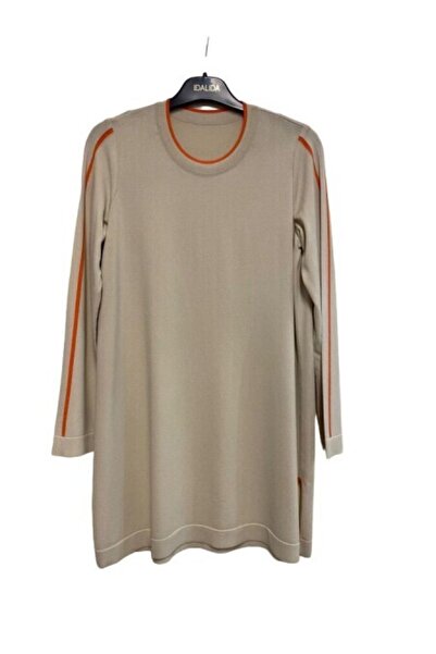 MISS DALIDA T24Y-6018 Kol Üstü Çizgili Triko Tunik 1052-BEİGE