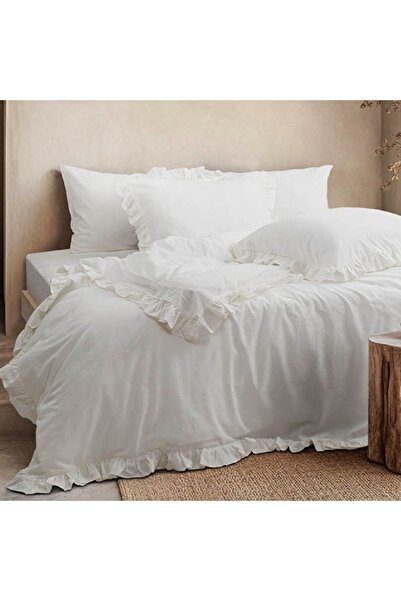Bahar Tekstil Double bed ruffled bedding, 100% prewashed ranforce cotton, Milagros Dove Ecru