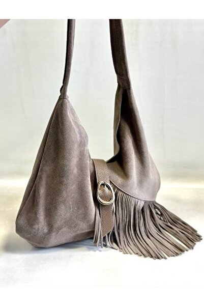 Entolya Vizon Deri Süet Püsküllü Hobo Çanta