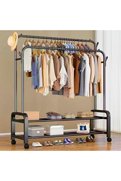 HayaBazaar Double-Bar Metal Clothes Hanger & Shoe Organizer,Black, 110x55x150cm