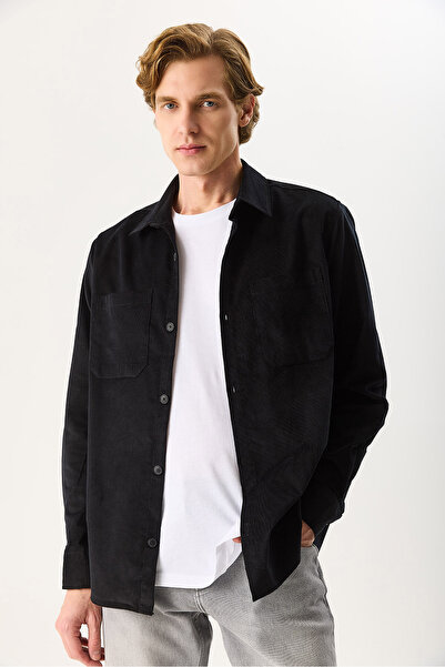 VENA Cămașă pentru bărbați, cu croiala normală, subțire, din catifea % bumbac 100% - Negru