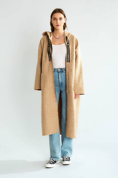 QİMYA BUTİK Robi̇n Women's K Hooded Bag Pocket Unlined Lightweight Boucle Cashmere O Oversized Long Coat