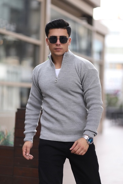 Quafash Half Zipper Mock Neck Corded Fabric Casual Sweater-Men's Gray Knitwea...