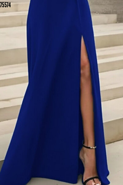 Kokosh moda Kadın Madonna Yaka Omuzu Açık Yırtmaçlı Uzun Şık Krep Davet Abiye Gece Elbisesi