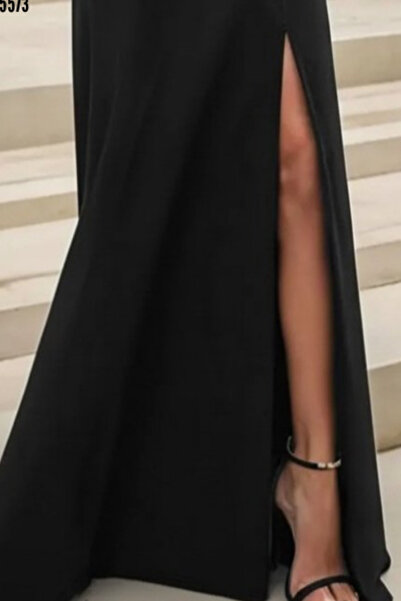 Kokosh moda Kadın Madonna Yaka Omuzu Açık Yırtmaçlı Uzun Şık Krep Davet Abiye Gece Elbisesi