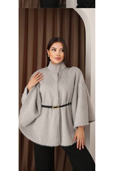 DESTİNA Women's Front Snap Closure Poncho Cardigan with Belt Detail