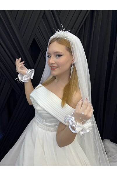 ecrin tuhafiye hobi Gelin Duvağı & Eldiven Set, İncili Saç Aksesuarı Nikah, G...