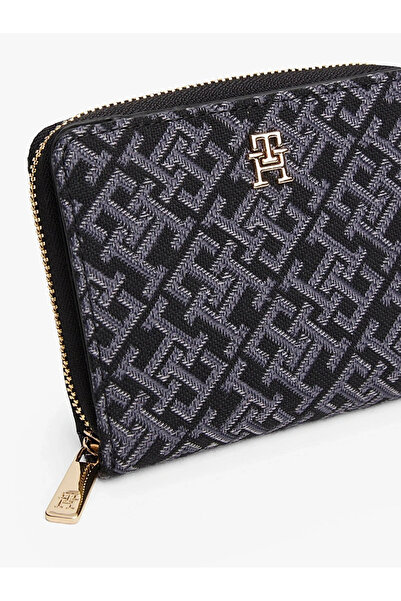 Tommy Hilfiger Women's Th Monogram Logo Patterned Zippered Interior Compartment Black Wallet Aw0Aw17957-Bds
