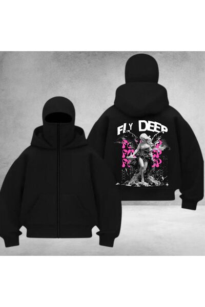 DEEFWEAR Back Printed Unisex Balaclava Ninja Zippered Sweatshirt/ 3 Thread Shard Fleece-Lined Aş