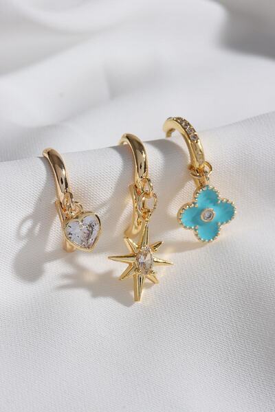 LA PERRY ACCESSORIES 3-Piece Blue Floral Gold Earrings