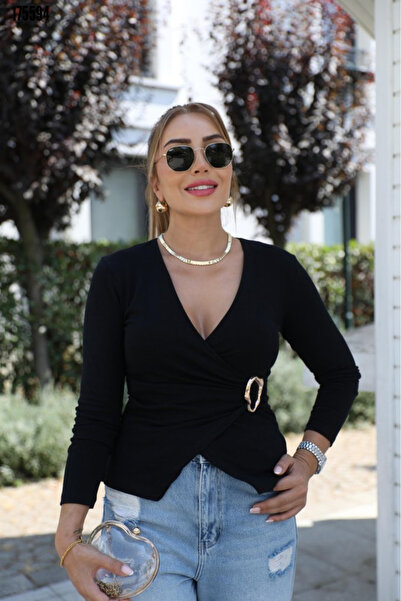 Viyamo Yeni Sezon Kadın Viskon Kruvaze Bluz Uzun Kollu Toka Detaylı Şık Model