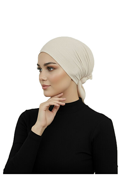 elysianfidan Luxury Pleated Beige Ready-To-Wear Turban Hijab with Chiffon Flower Detail on the Back