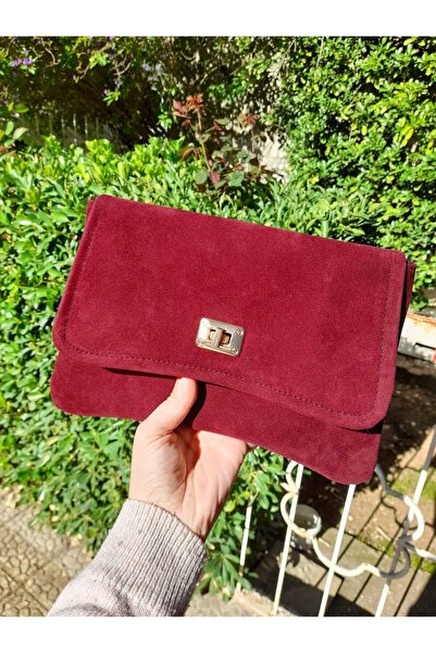 Funca Kapaklı Bordo Süet Gold ve Gümüş Tokalı El Çantası