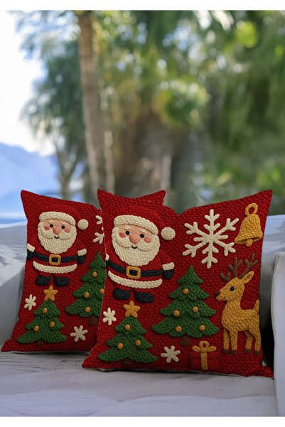 Sakallı Christmas Themed Punch Embroidery Look Santa Claus and Pine Tree Pattern Throw Pillow Cover Set of 2