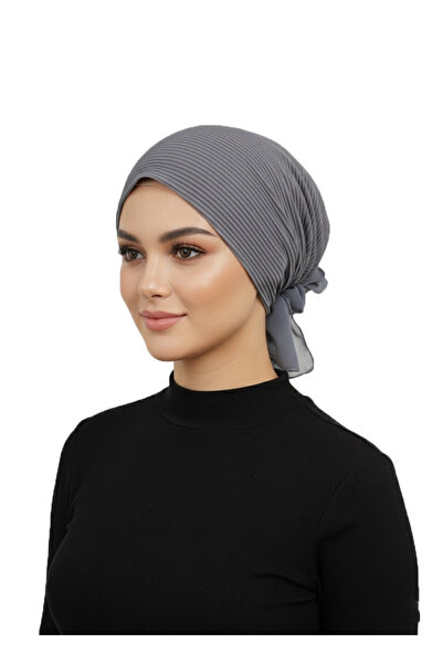 elysianfidan Luxury Pleated Dark Gray Ready-To-Wear Turban Hijab with Chiffon Floral Detail on the Back
