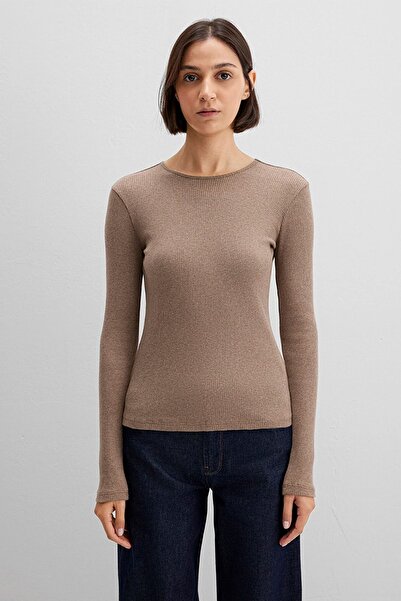 Mavi Kadın Kaşmir Karışımlı Kahverengi Uzun Kollu Basic Tişört 1613655-91335
