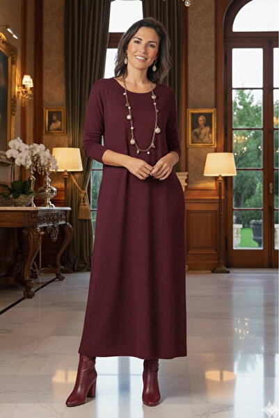 Nevin Kaya Moda Bordo Gizli Cepli İnce Gösteren Tok Penye Elbise