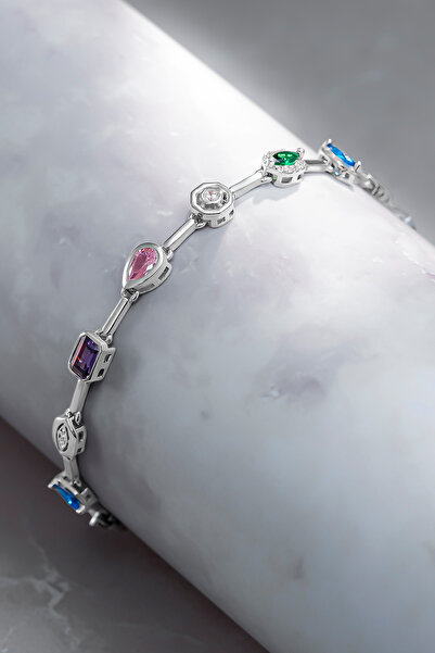 OSMANLI GÜMÜŞ Kadın Renkli Taşlı Zarif 925 Ayar Gümüş Bileklik