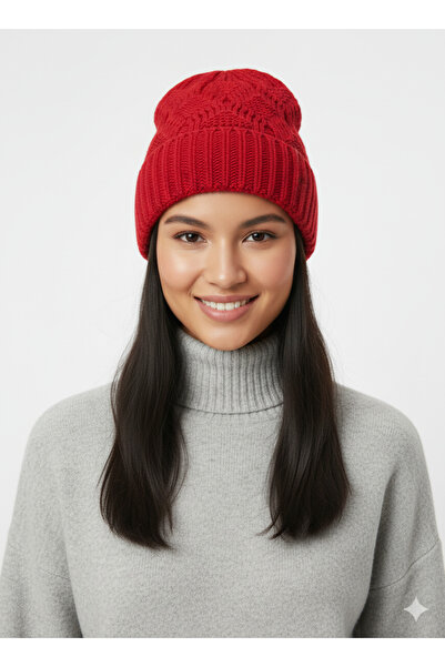 Net Tekstil Kırmızı Örme Yün Kışlık Bere Unisex Rahat Şapka Katlamalı