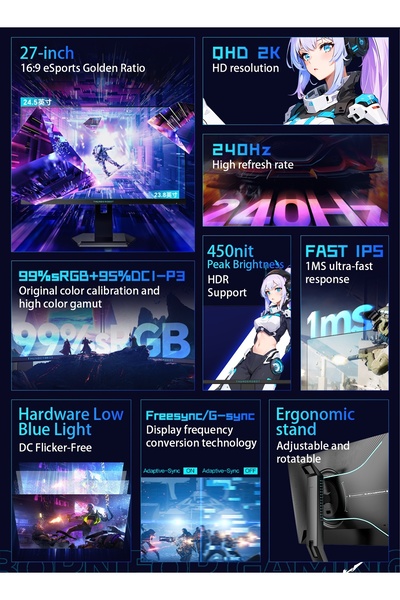 THUNDEROBOT 27-inch QHD 2560x1440 240Hz Gaming Monitor with Fast IPS,1ms GTG Response,HDR10,450 Peak Brightness