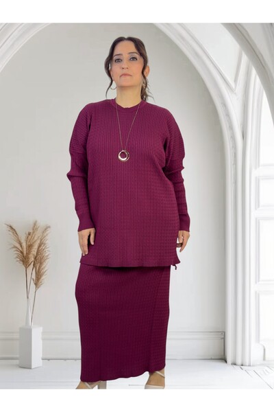 yagmurberen Hair Braiding Pattern Circular Necklace Long Sleeve Blouse Elastic Waist Skirt Plus Size Mercerized Double Set